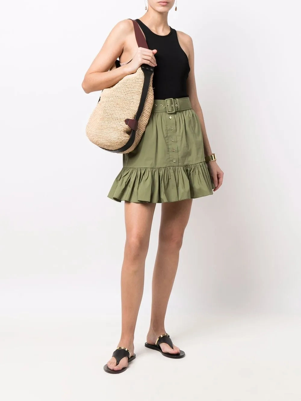 Belted Ruffle-Trim Mini Skirt