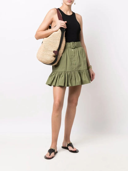Belted Ruffle-Trim Mini Skirt