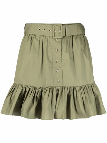 Belted Ruffle-Trim Mini Skirt