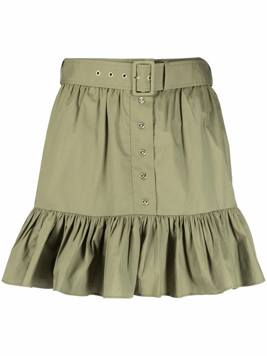 Belted Ruffle-Trim Mini Skirt