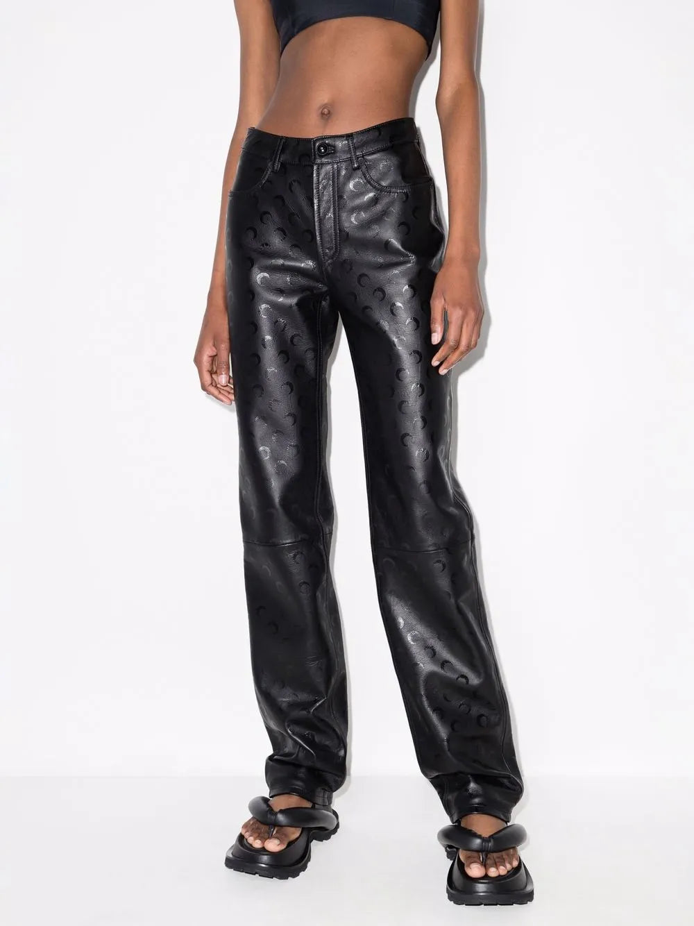 Crescent Moon-Print Leather Trousers