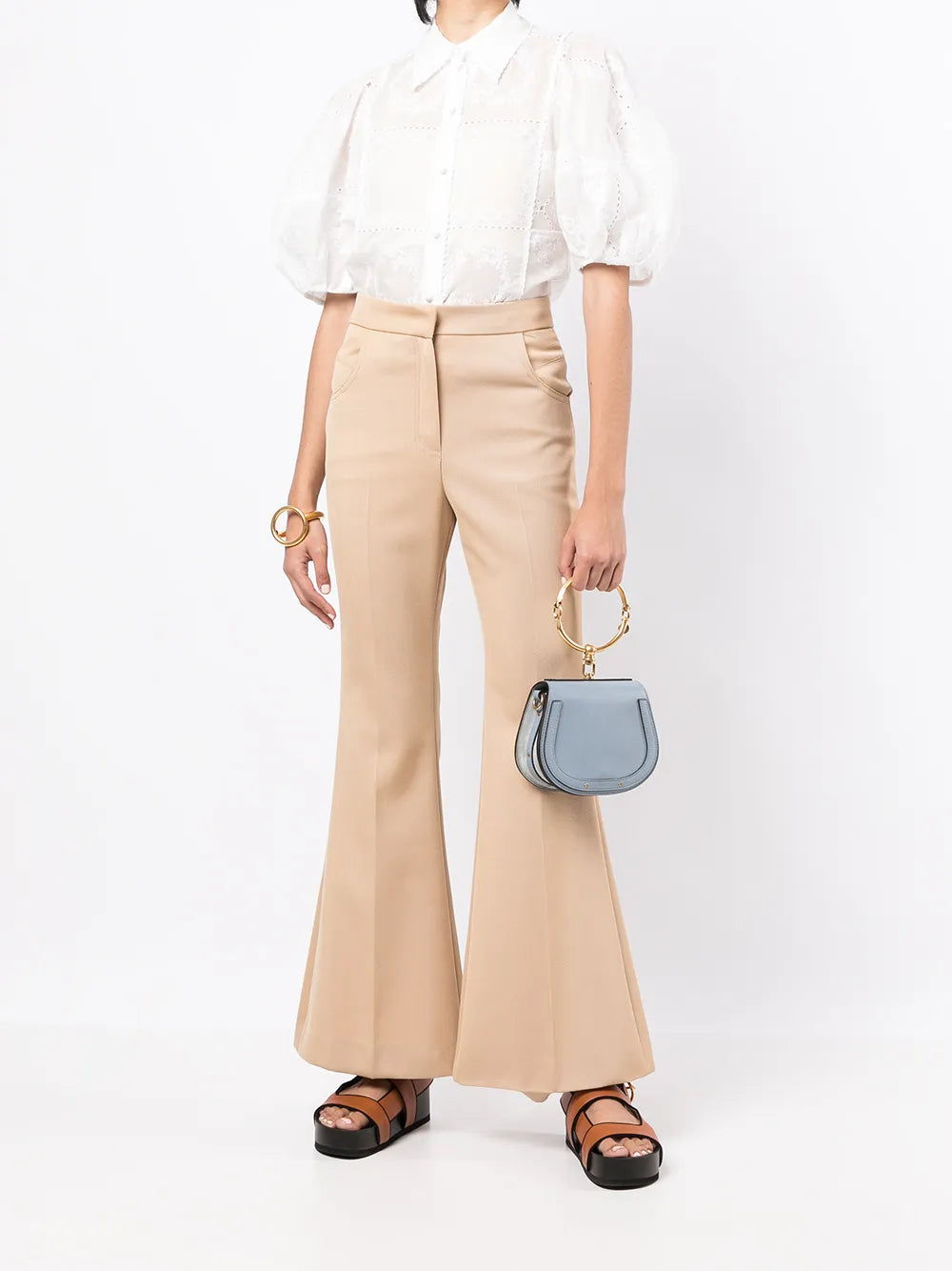 Embroidered-Design Puff-Sleeve Shirt