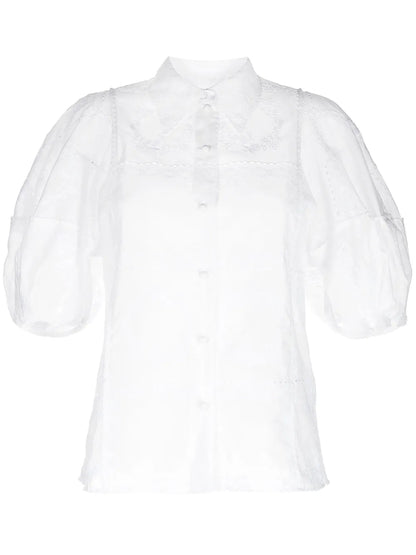 Embroidered-Design Puff-Sleeve Shirt