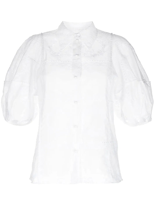 Embroidered-Design Puff-Sleeve Shirt
