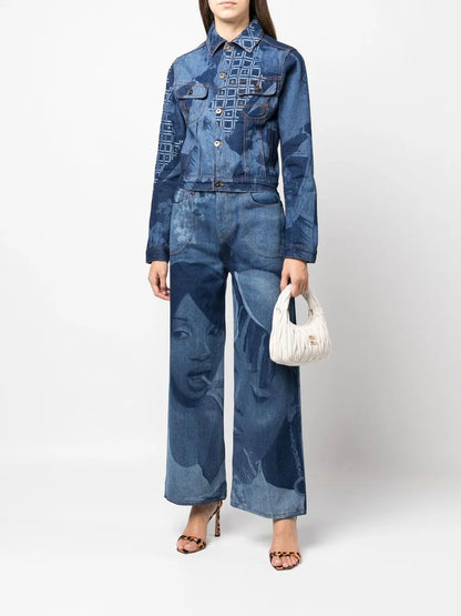 Graphic-Print Wide Leg Jeans