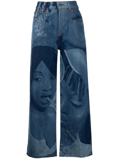 Graphic-Print Wide Leg Jeans