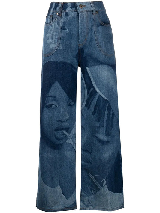Graphic-Print Wide Leg Jeans