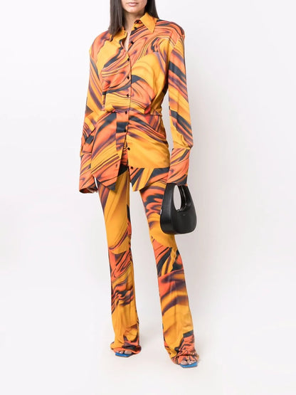Abstract-Print Flared Trousers