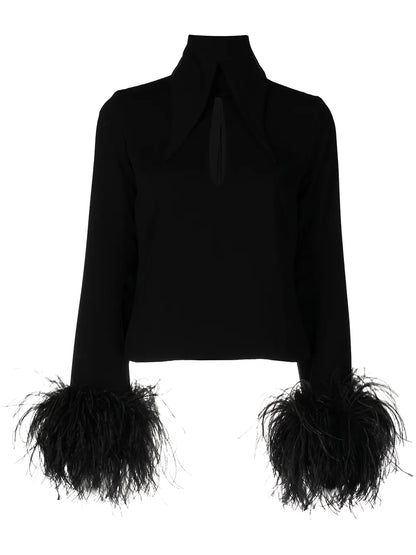 Feather-Trim Cut-Out Blouse