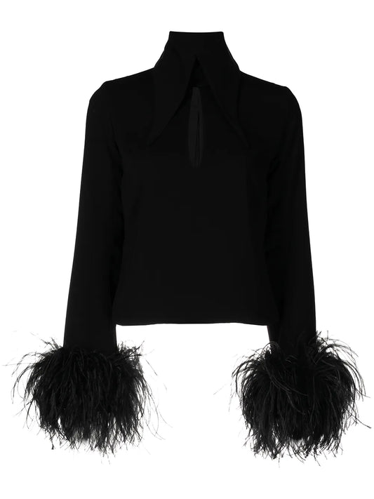 Feather-Trim Cut-Out Blouse