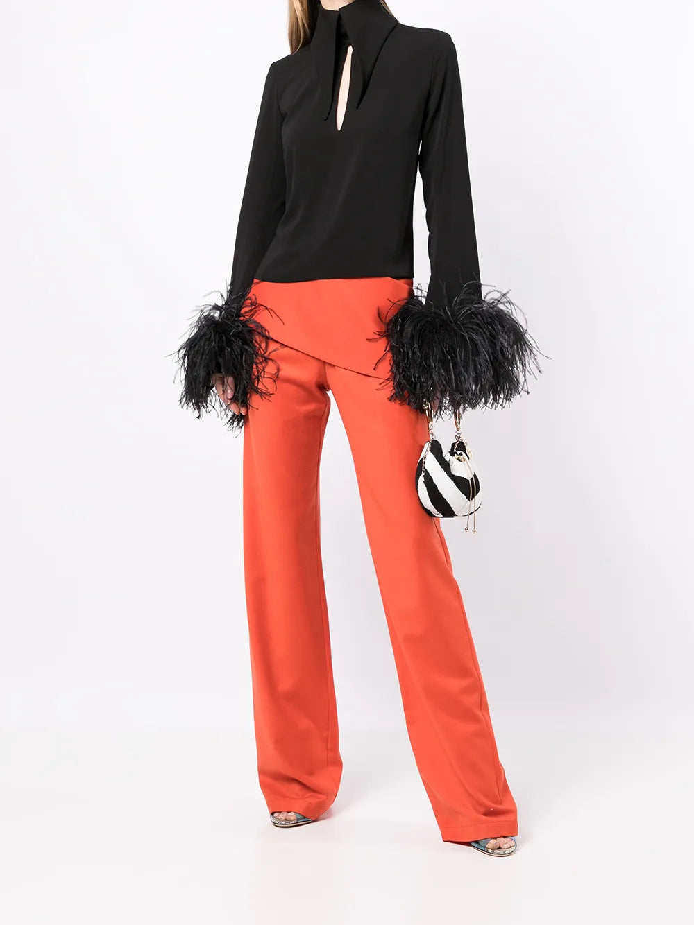 Feather-Trim Cut-Out Blouse