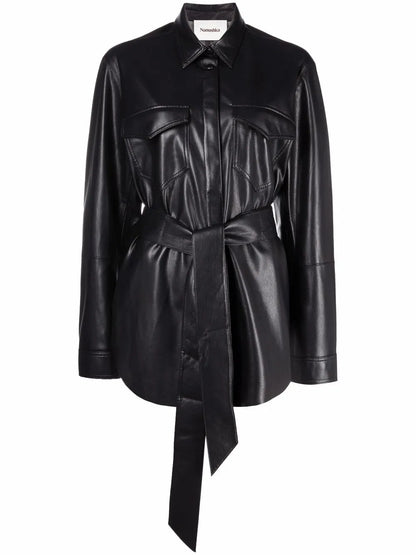 Vegan-Leather Belted Oversize Shirt