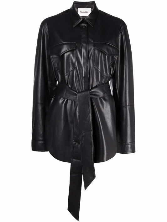 Vegan-Leather Belted Oversize Shirt