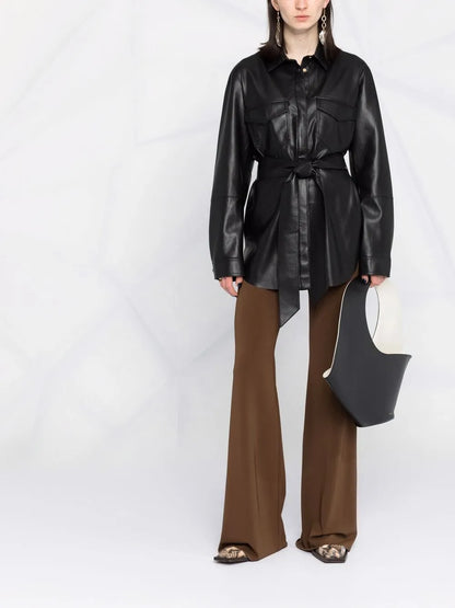 Vegan-Leather Belted Oversize Shirt