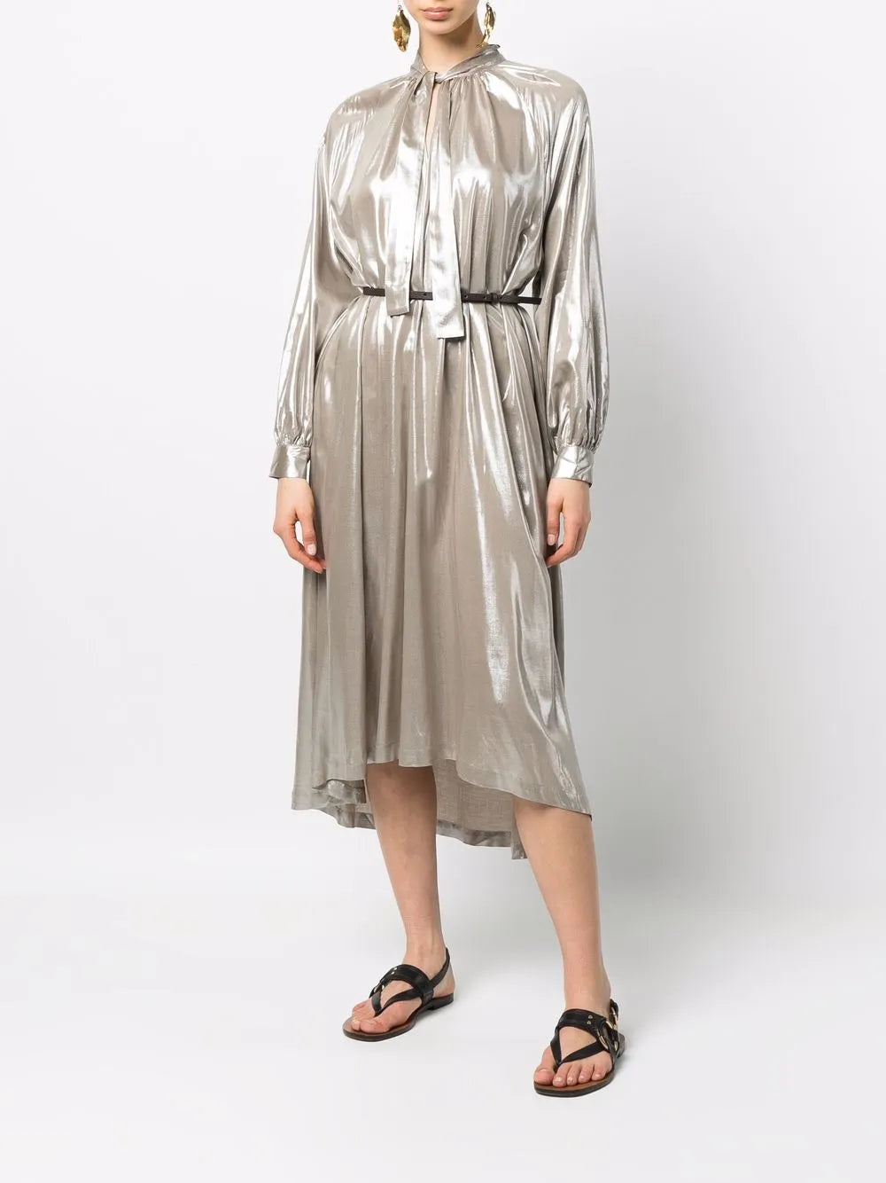 Metallic Pussy-Bow Collar Dress