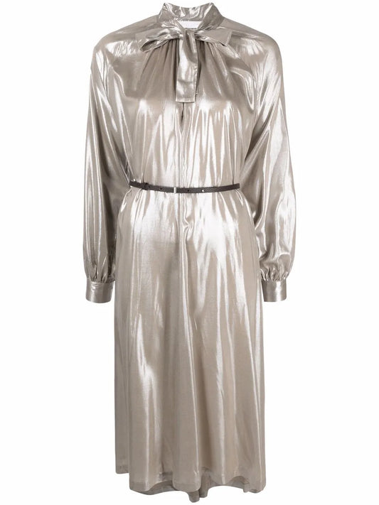 Metallic Pussy-Bow Collar Dress