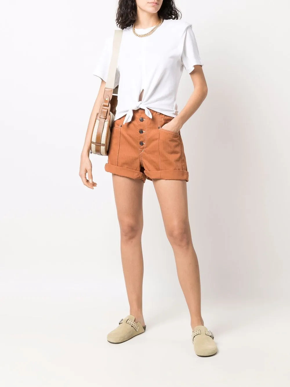 Button-Fastening Cotton Shorts