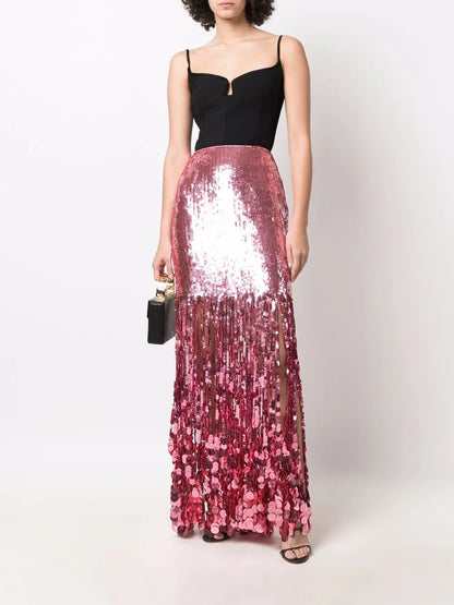 High-Waisted Fringed-Sequin Skirt
