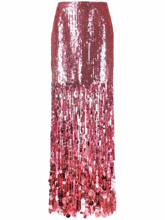 High-Waisted Fringed-Sequin Skirt