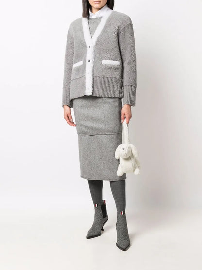 V-Neck Contrast-Trim Shearling Cardigan Jacket