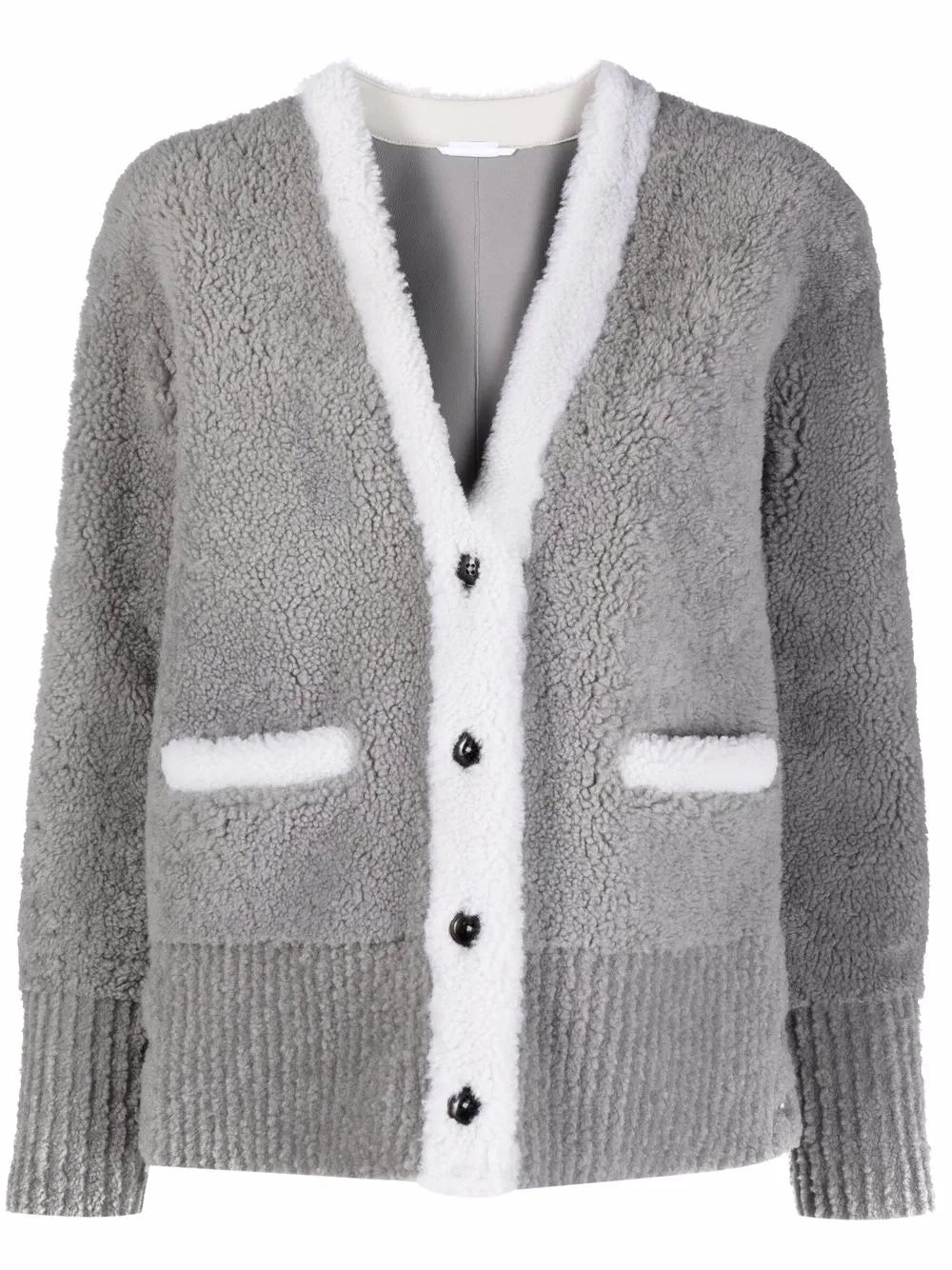 V-Neck Contrast-Trim Shearling Cardigan Jacket