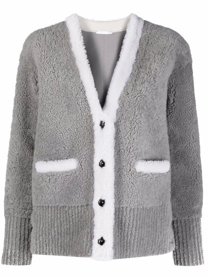 V-Neck Contrast-Trim Shearling Cardigan Jacket