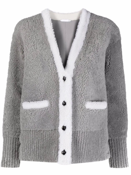 V-Neck Contrast-Trim Shearling Cardigan Jacket