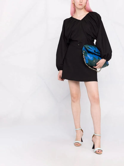 Balloon-Sleeve Belted Mini Dress