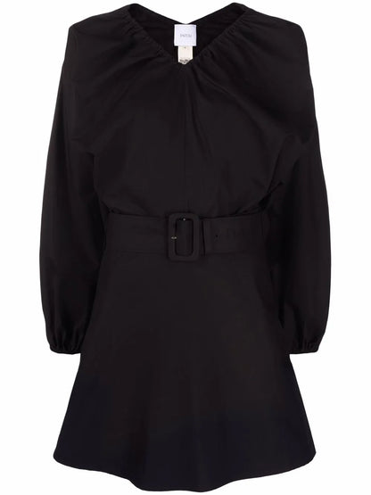 Balloon-Sleeve Belted Mini Dress