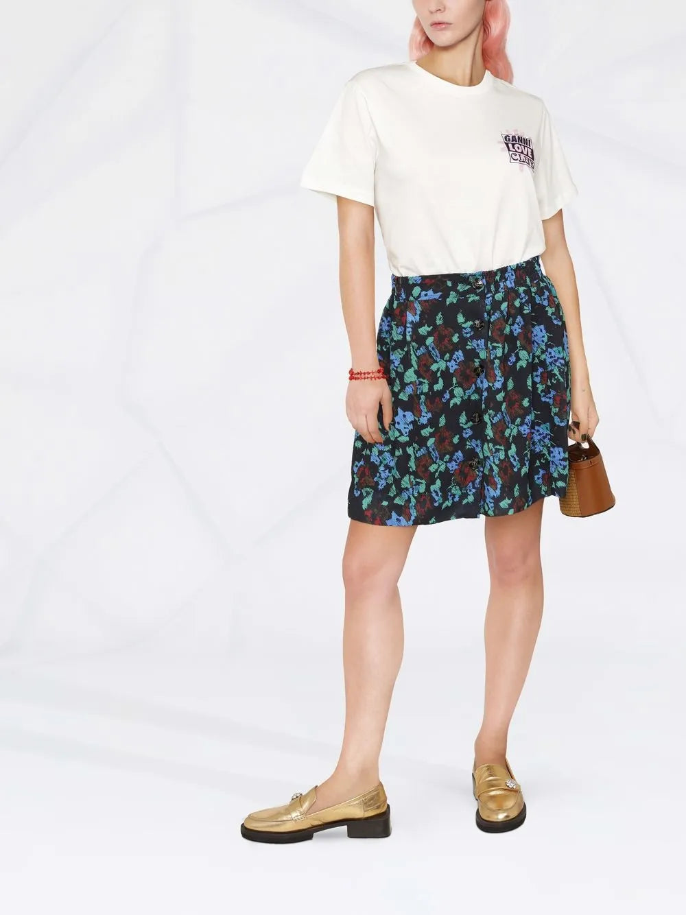Floral-Print Buttoned Skirt