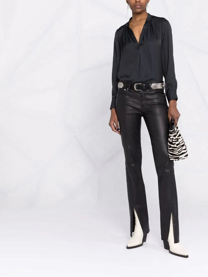 Satin-Finish V-Neck Blouse