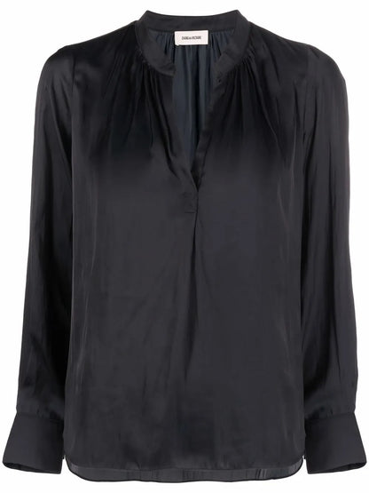 Satin-Finish V-Neck Blouse