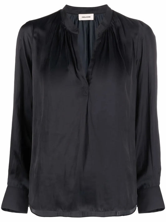 Satin-Finish V-Neck Blouse