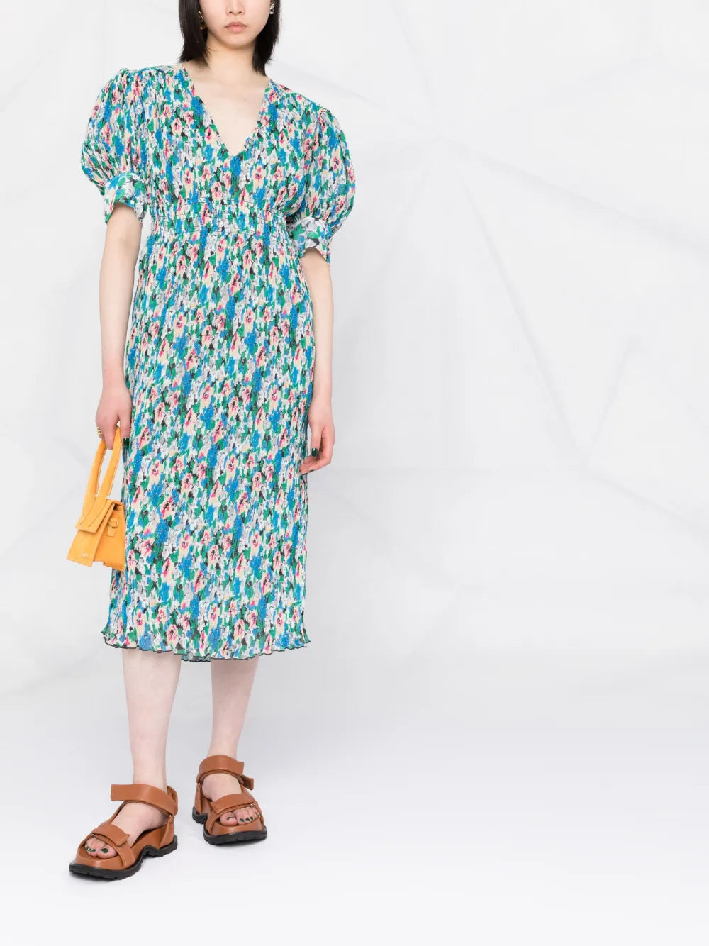 Floral-Print Pleated Georgette Midi Dress