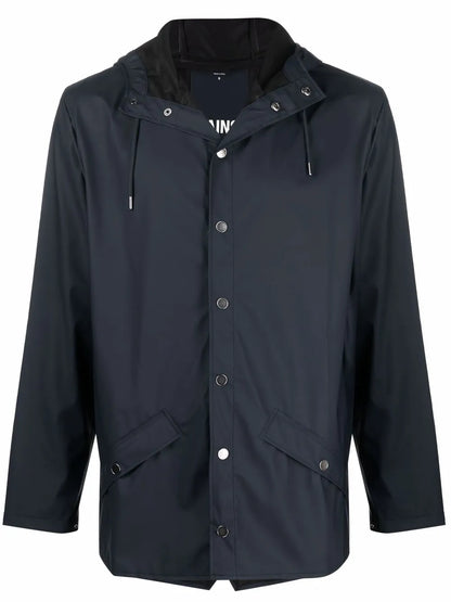 Drawstring-Hooded Buttoned Rain Jacket