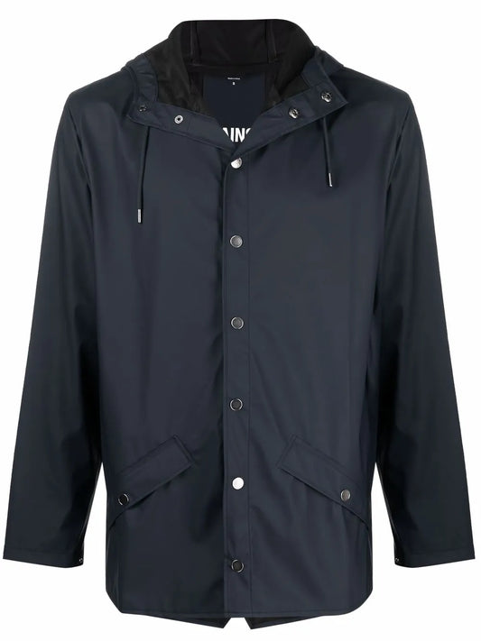 Drawstring-Hooded Buttoned Rain Jacket