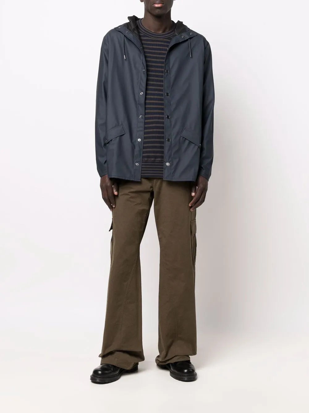 Drawstring-Hooded Buttoned Rain Jacket