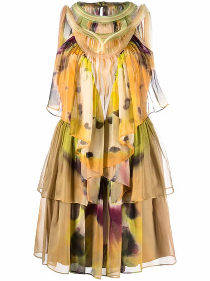 Abstract-Print Silk Tiered Dress