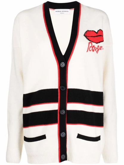 Striped-Trim Long Cardigan
