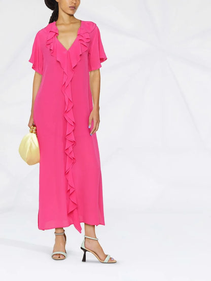 Ruffle-Trim V-Neck Long Dress