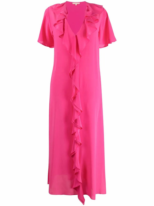 Ruffle-Trim V-Neck Long Dress