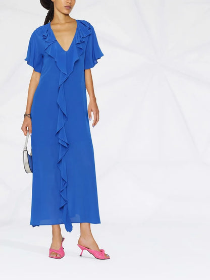 Ruffle-Trim V-Neck Long Dress