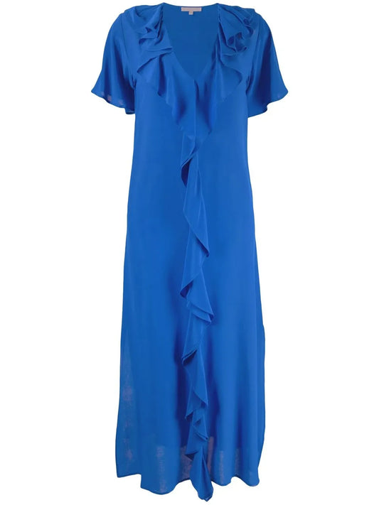 Ruffle-Trim V-Neck Long Dress