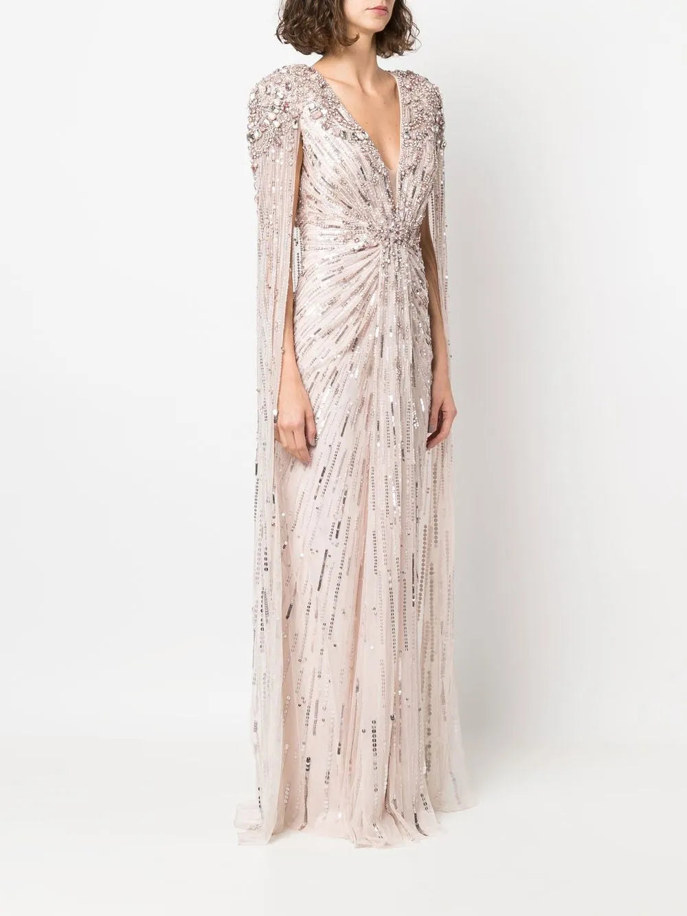Lotus Lady Sequin-Embellished Cape Gown