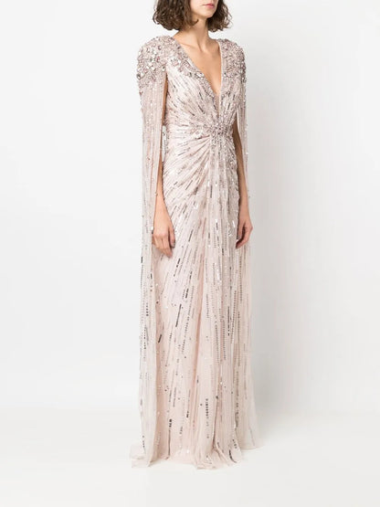 Lotus Lady Sequin-Embellished Cape Gown