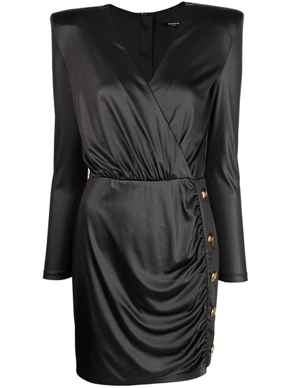 Metallic Draped Padded-Shoulder Dress