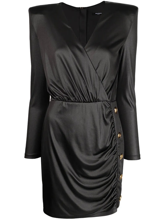 Metallic Draped Padded-Shoulder Dress