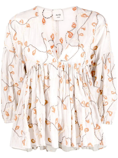 Embroidered Flounce Smock Top