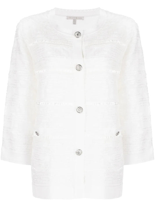 Textured-Knit Crop-Sleeve Cardigan