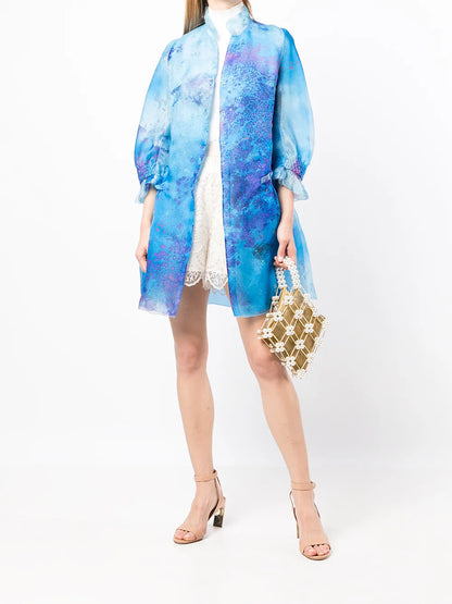 Flowerful Silk Puff-Sleeve Jacket